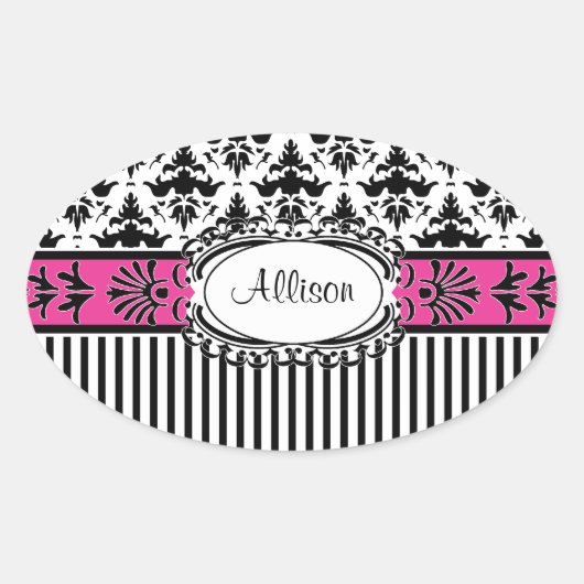 Chique Parijs Roze en Zwart Damast en Stripes Ovale Sticker (Voorkant)