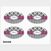 Chique Parijs Roze en Zwart Damast en Stripes Ovale Sticker (Vel)