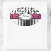 Chique Parijs Roze en Zwart Damast en Stripes Ovale Sticker (Tas)