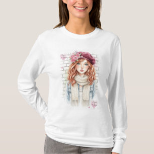 Chique Parijse stijl baret meisje bloemige mode T- T-shirt
