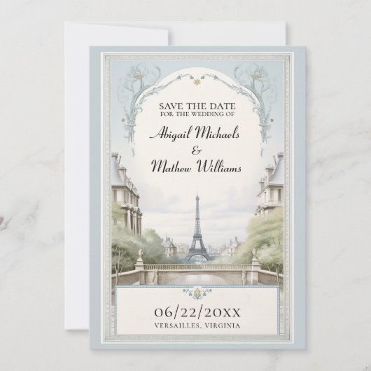 Chique Paris Eiffel Tower Powder Blue Save the Dat Save The Date (Voorkant)