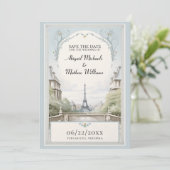 Chique Paris Eiffel Tower Powder Blue Save the Dat Save The Date (Staand voorkant)