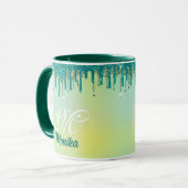 Chique pastel groene munt glitter druppels monogra mok (Voorkant links)