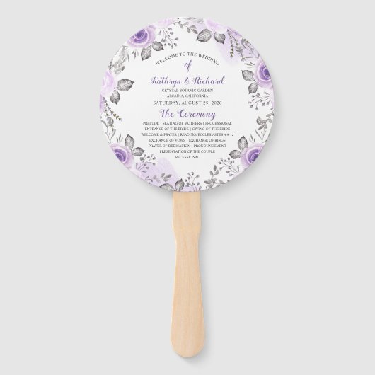 Chique pastel Paarse bloemenbruiloft programma Han Handwaaier (Voorkant)