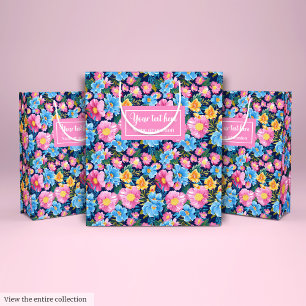 Chique pastel roze en blauwe bloemen verjaardagsca medium cadeauzakje