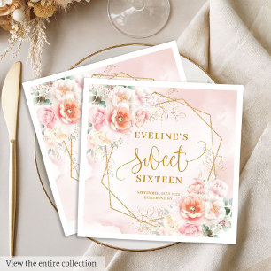 Chique Pastel Roze Gouden Pioenrozen Sweet Sixteen Servet