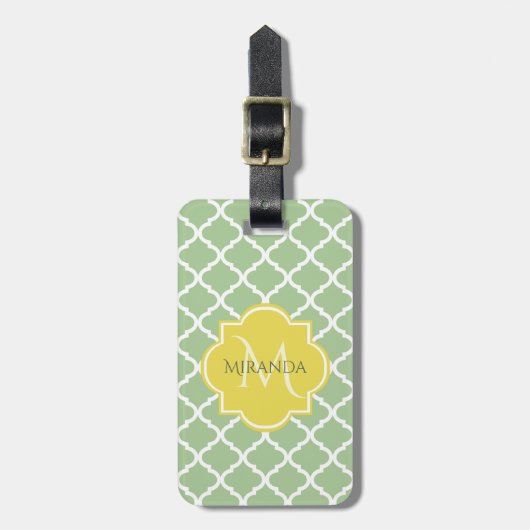 Chique pastelgroene vierlobbig gele naammonogram bagagelabel (Voorkant verticaal)