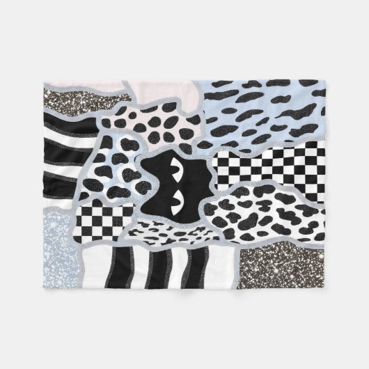 Chique Patchwork Verdachte Zwarte Kat Gingham & Ru Fleece Deken (Voorkant (Horizontaal))