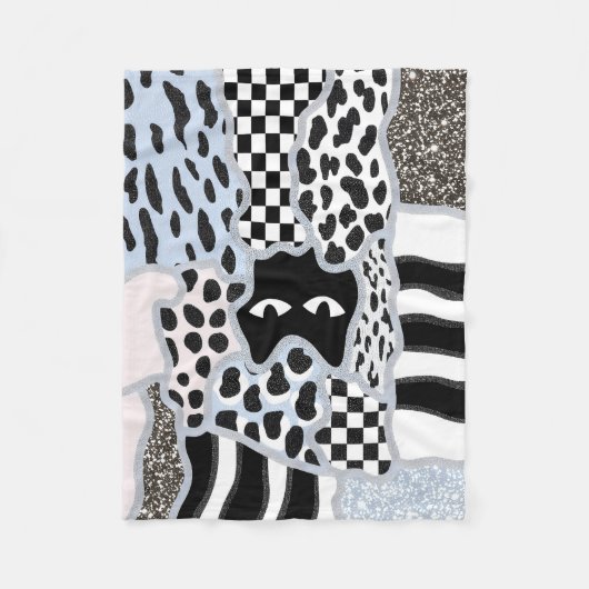 Chique Patchwork Verdachte Zwarte Kat Gingham & Ru Fleece Deken (Voorkant)