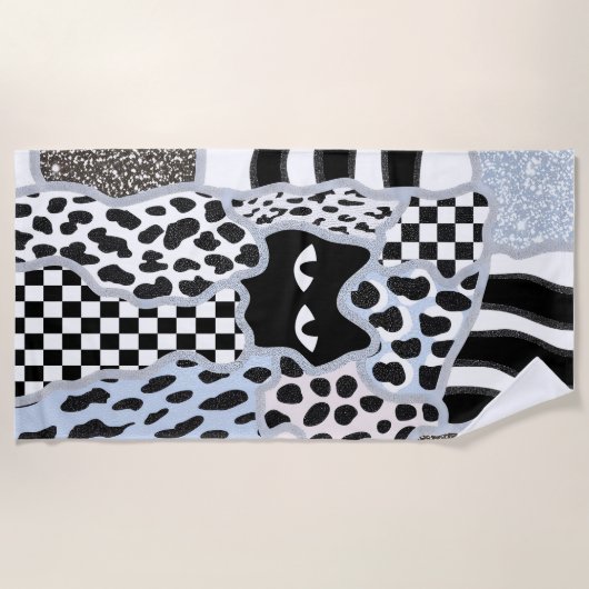 Chique Patchwork Verdachte Zwarte Kat Gingham & Ru Strandlaken (Voorkant)