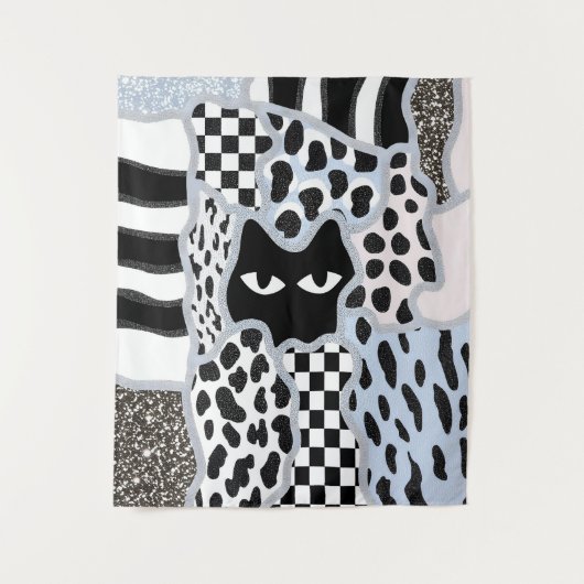 Chique patchwork verdachte zwarte kat gingham & ru wandkleed (Voorkant)
