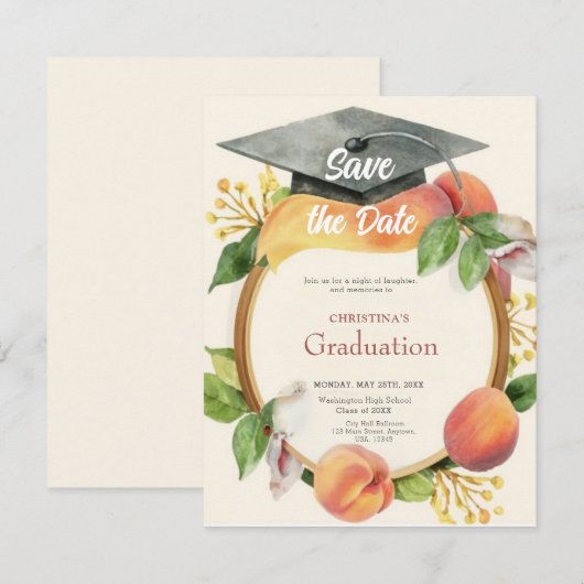 Chique Peach Wildflower Klasse van 2024 Afstuderen Save The Date (Voorkant / Achterkant)