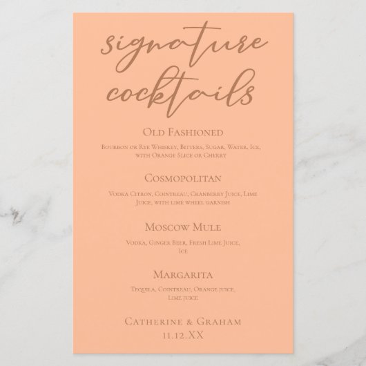 Chique Peach Zomer Bruiloft Handtekening Cocktails (Voorkant)