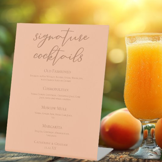 Chique Peach Zomer Bruiloft Handtekening Cocktails Reclamebord Met Voetstuk