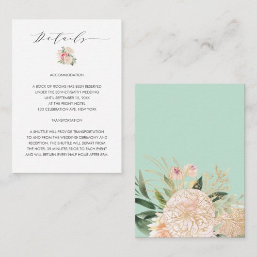 Chique Peony Gold typografie bruiloft details Informatiekaartje (Voorkant / Achterkant)