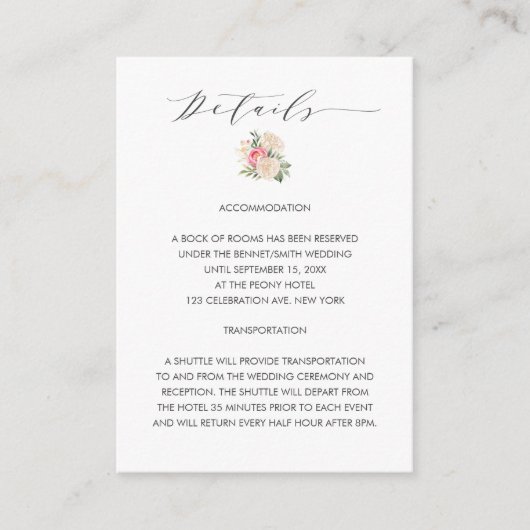 Chique Peony Gold typografie bruiloft details Informatiekaartje (Voorkant)