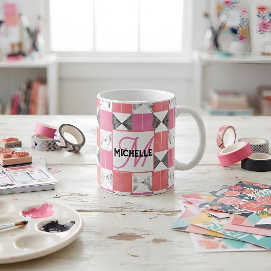 Chique Persoonlijke Monogram Moderne Roze Patchwor Koffiemok
