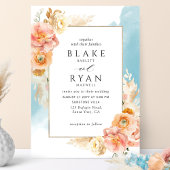 Chique Perzik Blush Bloemen, Aqua Waterverf Bruilo Kaart