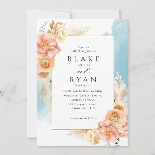 Chique Perzik Blush Bloemen, Aqua Waterverf Bruilo Kaart (Voorkant)