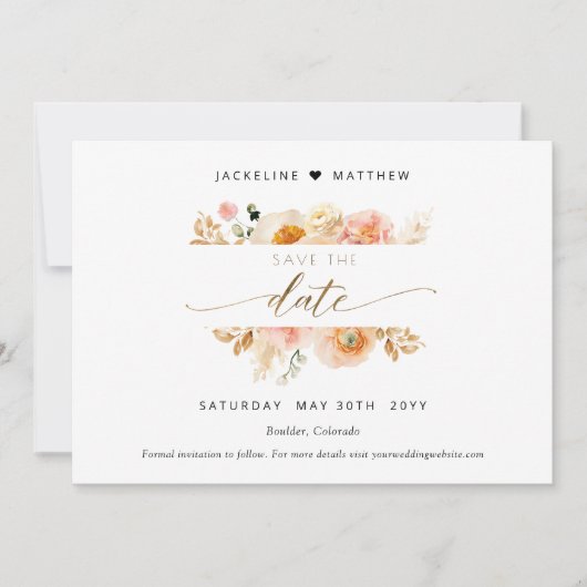 Chique Perzik en Crème Bloemen Bruiloft Save The D Date (Voorkant)