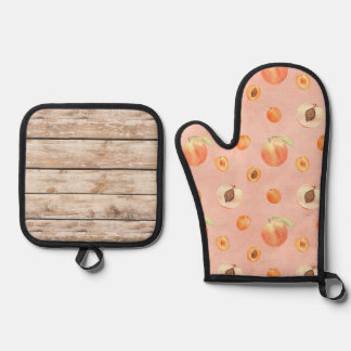Chique perzik houten patroon ovenwant & pannenlap set
