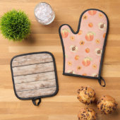 Chique perzik houten patroon ovenwant & pannenlap set (Top down)
