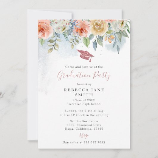 Chique Perzik Roze Bloemen Roos Goud Pet Afstudere Kaart (Voorkant)