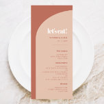 Chique perzik terracotta boog Laten we bruiloft et Menu<br><div class="desc">Laten we eten! Bruiloft of receptie feestmenu. Minimalistisch maar opvallend: neem dit licht retro stijlvolle typografische ontwerp voor uw bruiloft briefpapier,  met een modern boogontwerp en terracotta & verbrande oranje kleuren. Volledig aanpasbare tekst,  kleuren en achtergronden.</div>