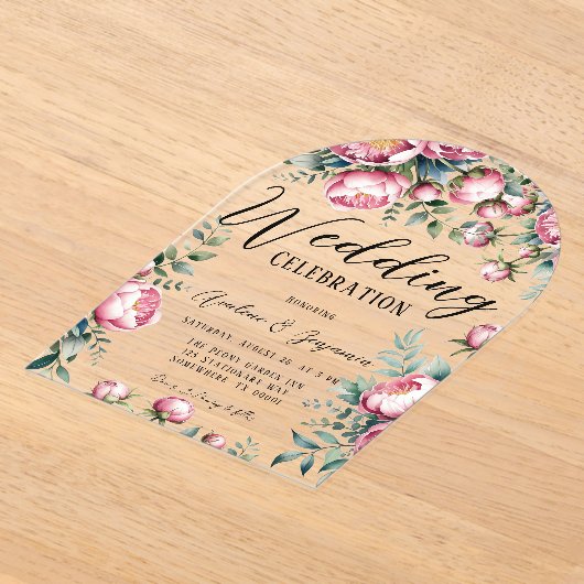 Chique pioenroos boeket in Waterverf bruiloft Acryl Uitnodigingen (Laagn)