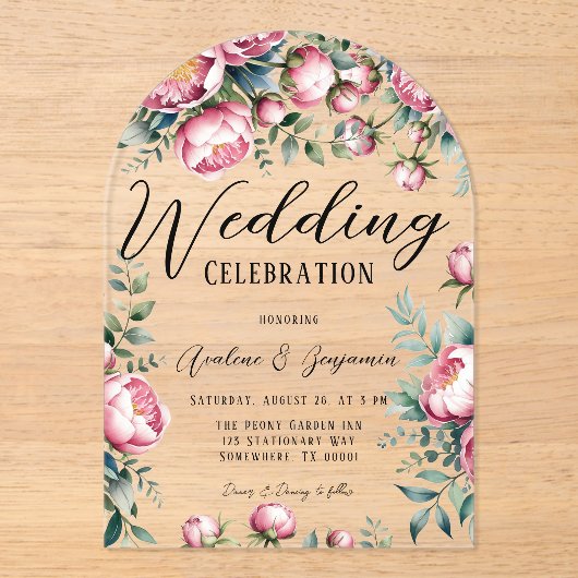 Chique pioenroos boeket in Waterverf bruiloft Acryl Uitnodigingen (Voorkant)