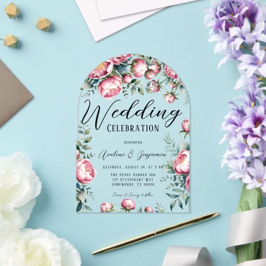 Chique pioenroos boeket in Waterverf bruiloft Acryl Uitnodigingen (Insitu (Huwelijk))