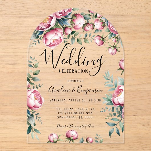 Chique pioenroos boeket in Waterverf bruiloft Acryl Uitnodigingen (Voorkant)