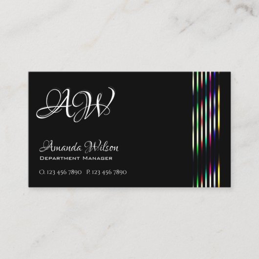Chique Plain Zwart Kleurrijke Decor Stripes Monogr Visitekaartje (Voorkant)