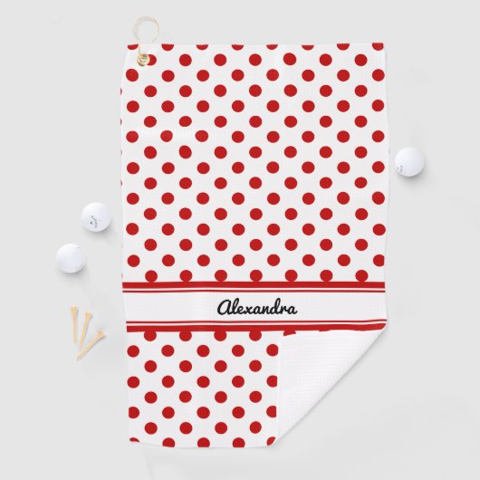 Chique polka dot rode witte achtergrond golfhanddoek (Insitu)
