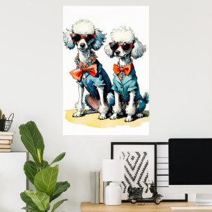 Chique Poodle Duo met Zonnebril & Edelsteen Kragen Poster