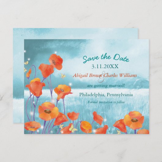 Chique Poppy Bruiloft Bewaar de Datum Aankondigingskaart (Voorkant / Achterkant)