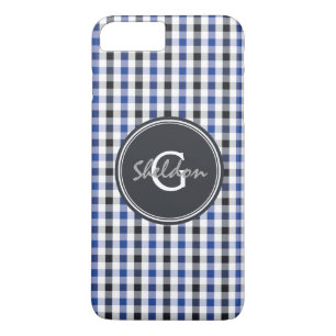 chique preppy blauwe zwarte gingham patroon monogr Case-Mate iPhone case