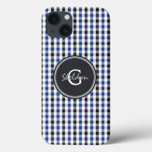 chique preppy blauwe zwarte gingham patroon monogr iPhone 13 hoesje