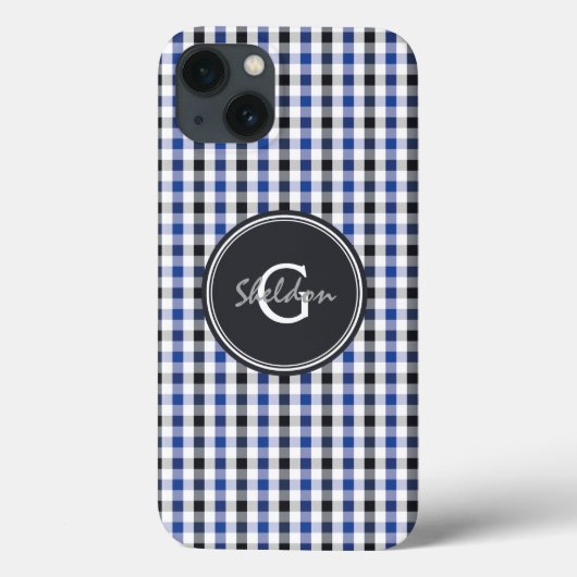 chique preppy blauwe zwarte gingham patroon monogr Case-Mate iPhone case (Achterkant)