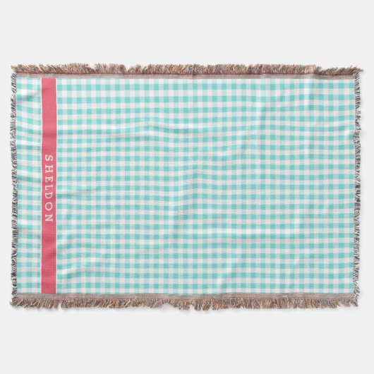 chique preppy turquoise gingham patroon monogram deken (Voorkant)
