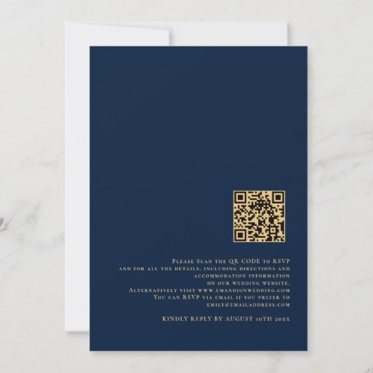 Chique QR-code Navy Goud Schrift Bruiloftsinvatie Kaart (Achterkant)
