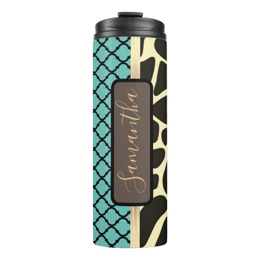 Chique Quatrefoil Giraffe Print gepersonaliseerd Thermosbeker (Voorkant)