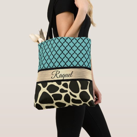 Chique Quatrefoil Giraffe Print gepersonaliseerd Tote Bag (Dichtbij)
