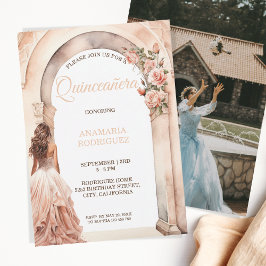 Chique Quinceañera Blush Jurk Bloemenboog Foto Kaart