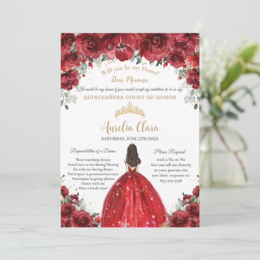 Chique Quinceañera Rode Bloemen Dama Voorstel Aanv Kaart (Staand voorkant)