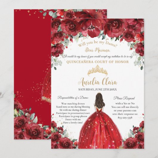 Chique Quinceañera Rode Bloemen Dama Voorstel Aanv Kaart (Voorkant / Achterkant)