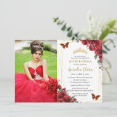 Chique Quinceañera Rode Bloemen Gouden Vlinders Fo Kaart (Staand voorkant)