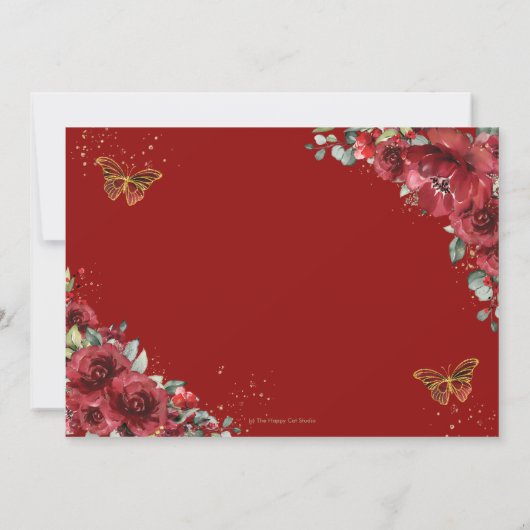 Chique Quinceañera Rode Bloemen Gouden Vlinders Fo Kaart (Achterkant)