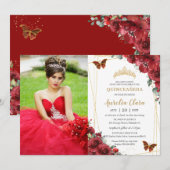 Chique Quinceañera Rode Bloemen Gouden Vlinders Fo Kaart (Voorkant / Achterkant)