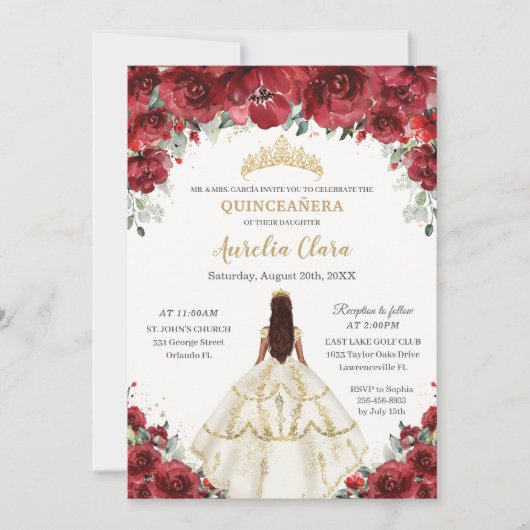 Chique Quinceañera Rode Bloemen Prinses Witte Jurk Kaart (Voorkant)